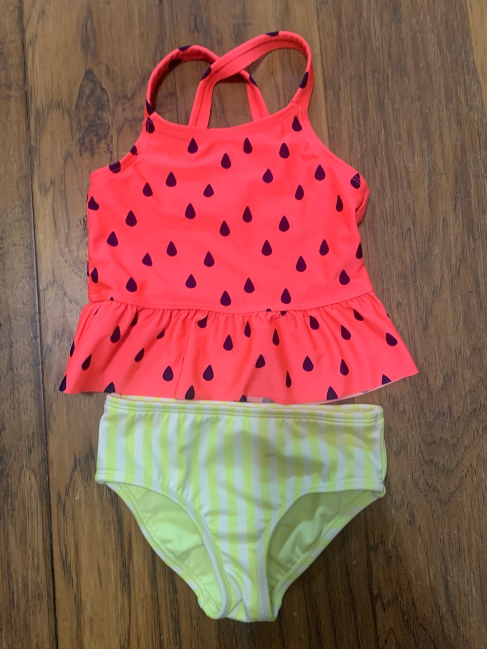 Girls Two-Piece Neon Pink Watermelon Swim Set with Lime Stripe Bottom